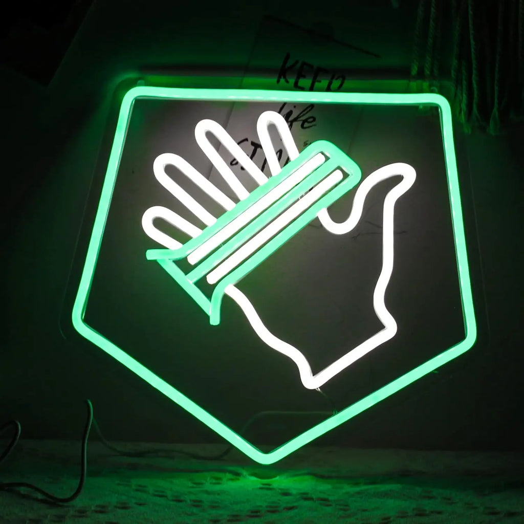 Green and white LED neon sign inspired by the Speed Cola perk from Call of Duty Zombies, featuring a stylized hand and glowing hexagon design for gaming room wall decor.