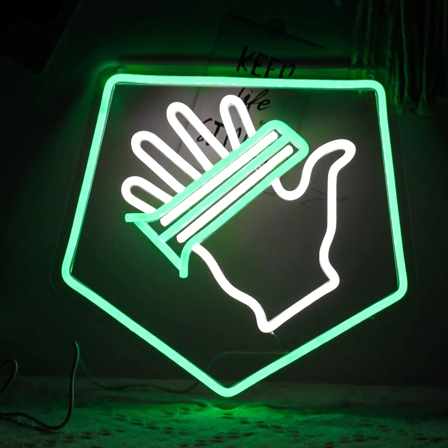 Green and white LED neon sign inspired by the Speed Cola perk from Call of Duty Zombies, featuring a stylized hand and glowing hexagon design for gaming room wall decor.