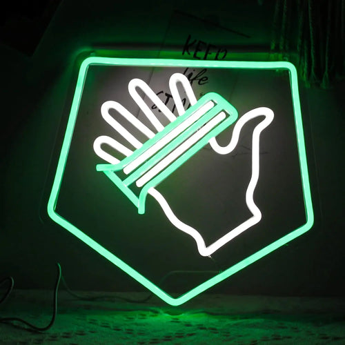 Green and white LED neon sign inspired by the Speed Cola perk from Call of Duty Zombies, featuring a stylized hand and glowing hexagon design for gaming room wall decor.