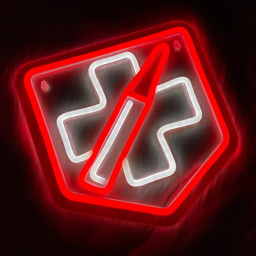 Close-up of the Call of Duty Juggernog perk neon sign glowing red and white against a dark background, highlighting the neon tube detail and acrylic backing